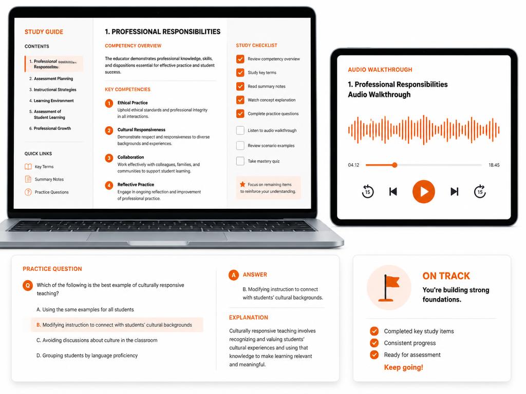 Personalized digital study dashboard with organized checklists, progress charts, and audio walkthrough elements